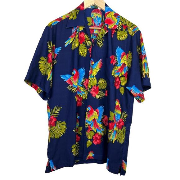 Alvish Hawaiian NAVY Shirt Parrot Floral Beach Aloha Party Short Sleeve Large - Picture 1 of 8